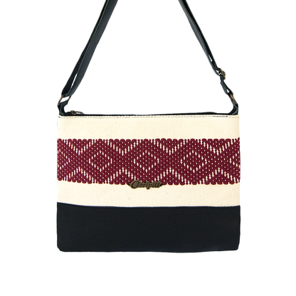 Cross-Body Bag in Black Leather with Burgundy Stripe.